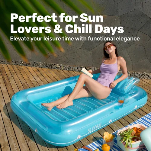 Vista 8 de SLOOSH Flotador inflable, camastro para adultos, con almohada, 178 x 117 cm, 4 en 1: balsa-tina bronceadora, camastro para tomar el sol, fiestas Azul