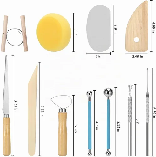 Vista 4 de Blisstime 18 piezas de herramientas para escultura de arcilla, juego básico de herramientas para tallar cerámica con mangos de madera y bolsa