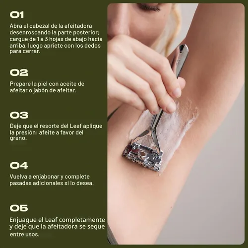 Vista 5 de Leaf Shave Juego de navajas Leaf, navaja de seguridad totalmente metálica con cabezal pivotante y carga ajustable de cuchillas, incluye soporte a