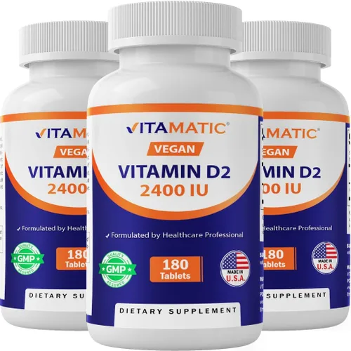 Vista 9 de Vitamatic Vitamina D2 60 mcg (2400 UI) - Ergocalciferol - 180 Tabletas Vegetarianas (180 Tabletas (Paquete de 1)) (2 Botellas)