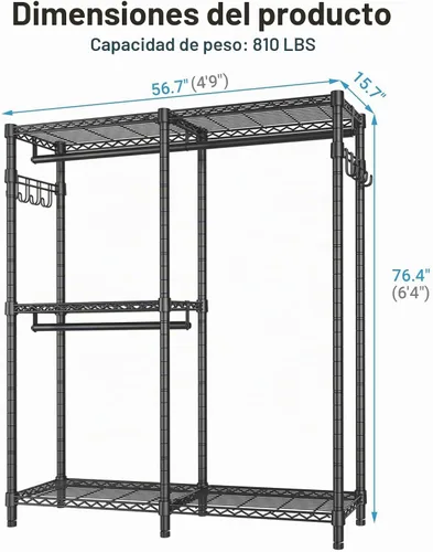 Vista 5 de VIPEK V4 - Perchero resistente para colgar ropa, capacidad de carga de 810 libras, perchero de doble barra con estantes ajustables y ganchos Negro