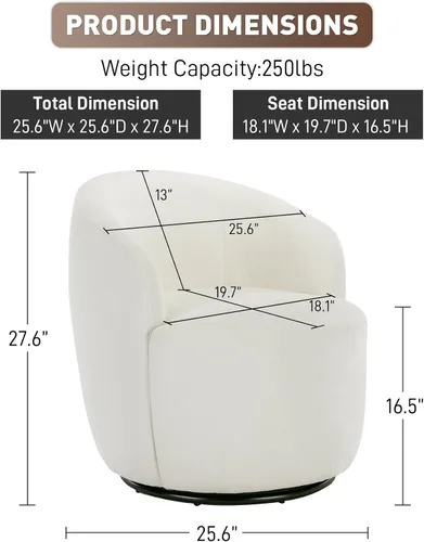Vista 2 de Wrofly Silla giratoria de barril moderna, cómoda silla giratoria Boucle, cómoda silla redonda de chenilla, pequeña silla tapizada para sala