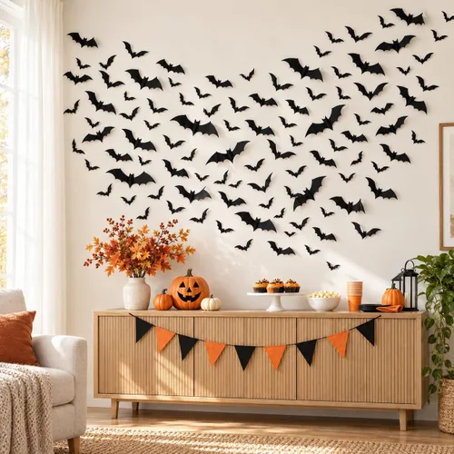 Vista 4 de Cleangor - 140 decoraciones de murciélago de Halloween, decoración de pared Negro