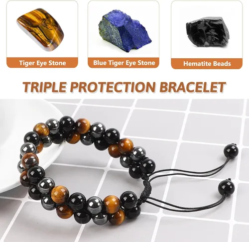 Vista 11 de MIDON - Pulsera de ojo de tigre, pulsera de triple protección para hombres y mujeres, hecha a mano, cuentas de ojo de tigre, hematita y obsidiana