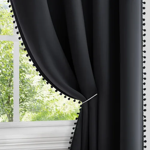 Vista 10 de HOMEIDEAS Cortinas opacas con pompones grises de 52 x 63 pulgadas de largo, con ojales, para oscurecer la habitación, 2 paneles para dormitorio