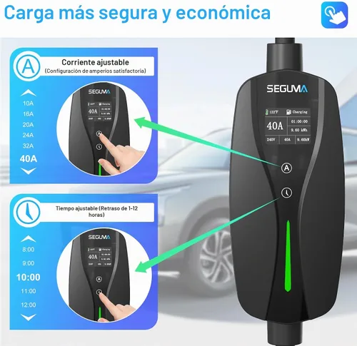Vista 3 de SEGUMA Cargador EV de Nivel 2, Cargadores de Coche Eléctrico de 40 Amperios, Cable de 25 Pies con Enchufe NEMA 14-50, Corriente Ajustable, Retardo