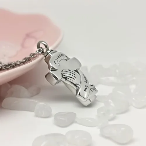 Vista 3 de Collar de urna con cruz de manos rezando, cenizas, cremación, conmemorativo, de acero inoxidable, colgante de recuerdo, joyería Forever in My Heart