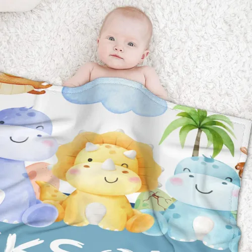 Vista 13 de Manta de regalo personalizada de dinosaurio con nombre para niñas, niños, recién nacidos, dinosaurio, manta personalizada para envolver al bebé