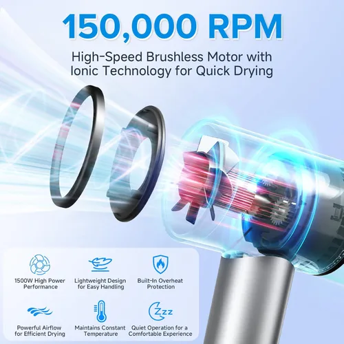 Vista 2 de Secador de pelo, motor sin escobillas de 150,000 RPM, secado ultrarrápido con 3 ajustes de calor y luces LED, secador iónico de alta velocidad, bajo