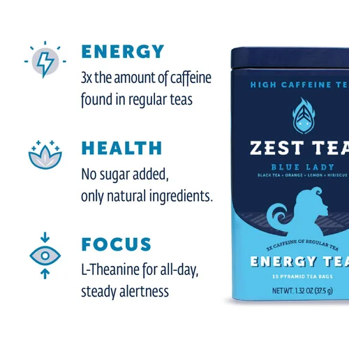 Vista 3 de Bolsas de Té Zest Energy – Té negro Blue Lady de Maracuyá – Té con alta cafeína para energía matutina, enfoque y claridad – Té natural con cafeína