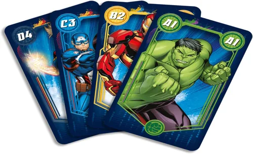 Vista 4 de Shuffle Juego de cartas de los Vengadores para niños – Broche 4 en 1, pares, familias felices y juego de acción, guía de juego incluida, gran regalo