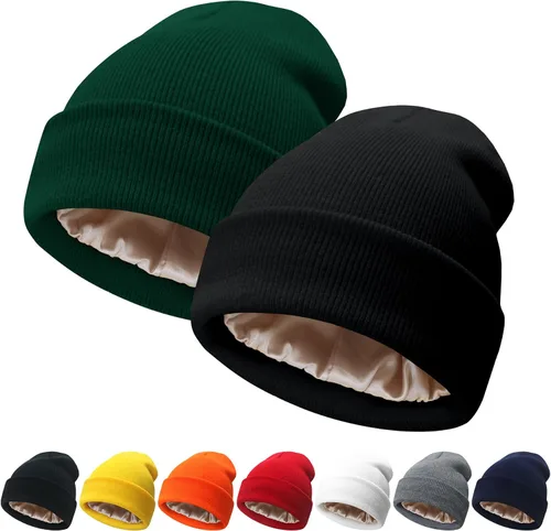 Vista 23 de NPQQUAN 2 PCS Satin Lined Beanie for Women Silk Lined Beanies Winter Warm Soft Lining Cuffed Knit Beanie Hats for Women