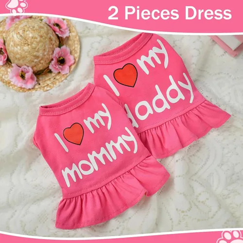Vista 3 de Vestidos para perros medianos y niñas, paquete de 2 unidades, ropa rosa para niña pequeña, verano I Love My Mommy Daddy para cachorros, camisa