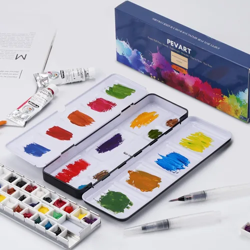 Vista 6 de PEVART Paleta de pintura de acuarela vacía, caja de metal con 37 medias bandejas de color de agua y paleta plegable, bandeja de pintura de estaño