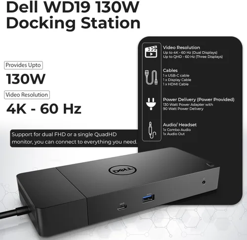 Vista 3 de Paquete de estación de acoplamiento Dell WD19 de 130 W con adaptador de corriente de 130 W + cable HDMI + cable DisplayPort + cable USB-C + paño
