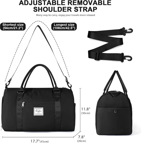 Vista 3 de Bolsa de gimnasio para mujeres y hombres, bolsa de viaje deportiva con compartimento para zapatos y bolsillo húmedo, A-Negro
