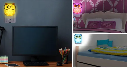 Vista 4 de 2 luces LED con forma de búho para niños – Lámpara de pared con sensor de luz de sueño para niños con buen cuidado y control automático, luces