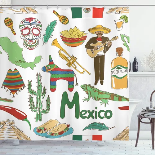 Vista 129 de set de cortina para baño decorativa de tela de poliéster con ganchos