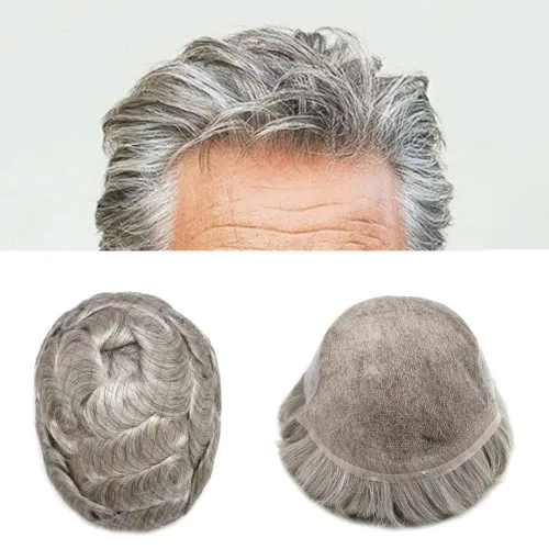 Vista 23 de Tupé para hombre con encaje suizo para hombre, sistema de reemplazo de cabello humano real, extensiones de nudo blanqueado para prótesis de cabello