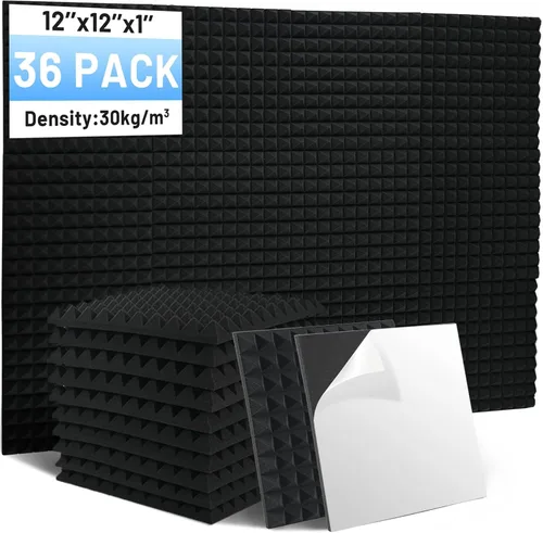 Vista 10 de Focusound Paquete de 12 paneles de espuma acústica de 1 x 12 x 12 pulgadas con paneles de cuña autoadhesivos de alta densidad para estudio, oficina