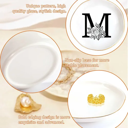 Vista 5 de JoycuFF Bandeja de cerámica con inicial M para joyas, regalos de novia para dama de honor, cumpleaños, compromiso, mejor amiga, mamá, abuela