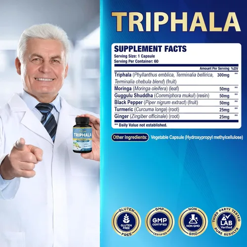 Vista 3 de Organic Cadane Cápsulas de extracto de Triphala – Complejo de 6 ingredientes premium con cúrcuma, moringa, guggul, jengibre y pimienta negra – 60