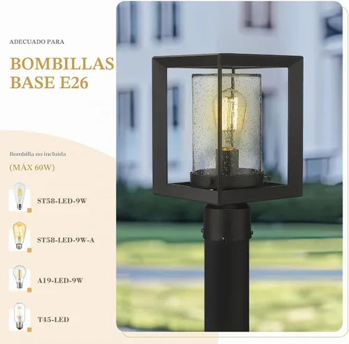 Vista 2 de Emliviar Luces de Poste Accesorio para Exteriores, Farol de Poste de 1 Luz, Acabado Negro, Vidrio Granulado, 2083P BK Luz de poste sin función
