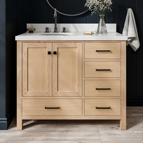 Vista 83 de ARIEL Cambridge tocador de baño con fregadero, madera maciza, encimera y protector contra salpicaduras de cuarzo blanco puro de 1.5 pulgadas