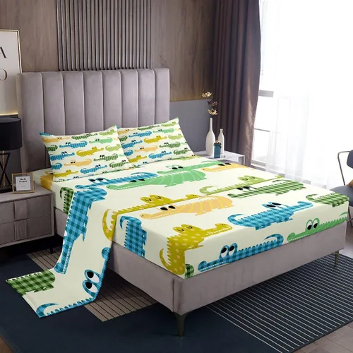Vista 2 de Erosebridal Juego de ropa de cama de cocodrilo para niños, tamaño individual, lindo juego de sábanas de cocodrilo de dibujos animados para niños