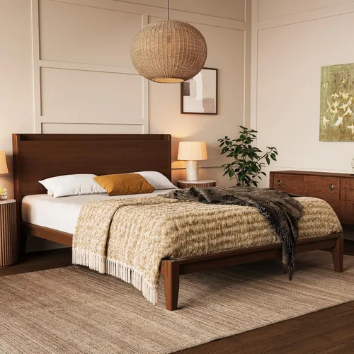 Vista 4 de PRAISUN Marco de cama Queen de madera de bambú con estación de carga y Espresso