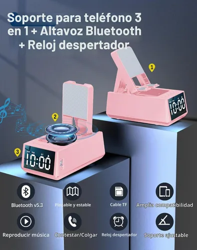 Vista 2 de Regalos de cumpleaños para mujeres, soporte de teléfono con altavoz Bluetooth con sonido y reloj HD, soporte inalámbrico ajustable para teléfono Rosa