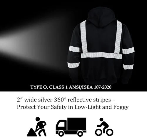 Vista 6 de VENDACE Alta visibilidad ANSI Clase 3 Reflectante de Seguridad Fleece Sudadera con capucha para hombres Hi Vis Sudaderas Chaqueta con cremallera
