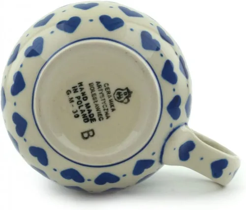 Vista 4 de Auténtica taza de burbujas de cerámica polaca de 8 onzas en diseño de delicias de corazones, hecha a mano en Bolesławiec Polonia por Ceramika