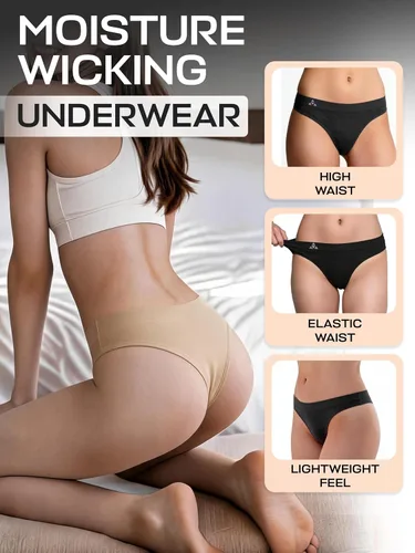 Vista 3 de Balanced Tech Ropa interior que absorbe la humedad para mujer, tangas de entrenamiento sin costuras, de secado rápido, tangas de viaje Paquete de 6