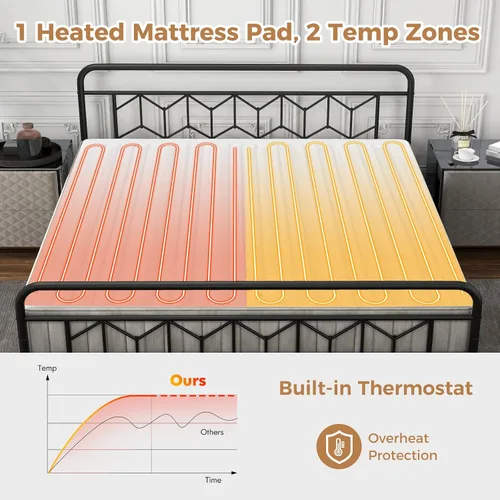 Vista 4 de Protector de colchón con calefacción, 80 x 78 pulgadas, protector de colchón eléctrico con 8 niveles de calor, 4 tiempos, protección contra