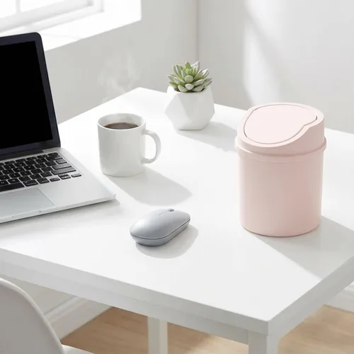 Vista 7 de Mini basurero de escritorio de 2 L, pequeño cubo de basura con tapa oscilante, color rosa Estructura portátil ligera, compacta de 0.5 galones