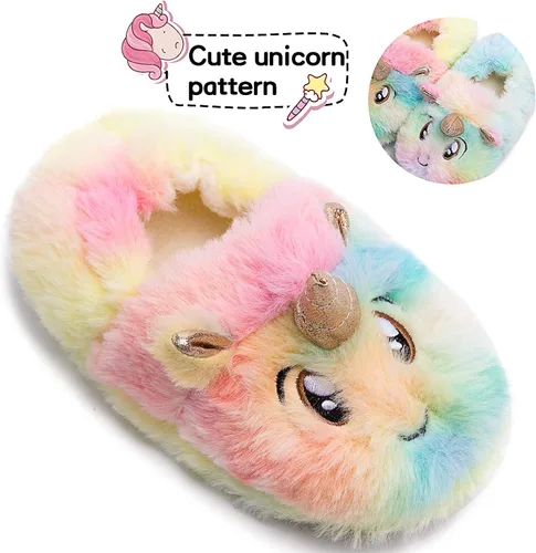 Vista 5 de Lindas pantuflas de unicornio mullidas y mullidas para el invierno, cálidas pantuflas de felpa de animales de dibujos animados para interiores