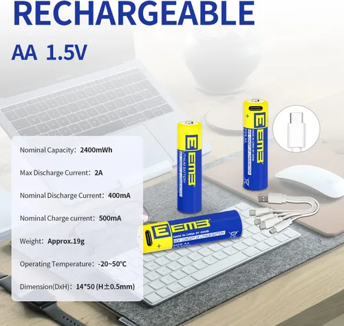 Vista 8 de EEMB Paquete de 12 baterías AA recargables AA de 1.5 V, baterías de litio AA USB 4 en 1 USB tipo C, batería de repuesto de cable de carga de 2600