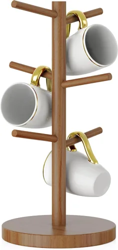 Vista 9 de Wisuce Árbol de taza de café negro, base gruesa de bambú actualizada, soporte para taza de café con 6 ganchos para soporte organizador de tazas