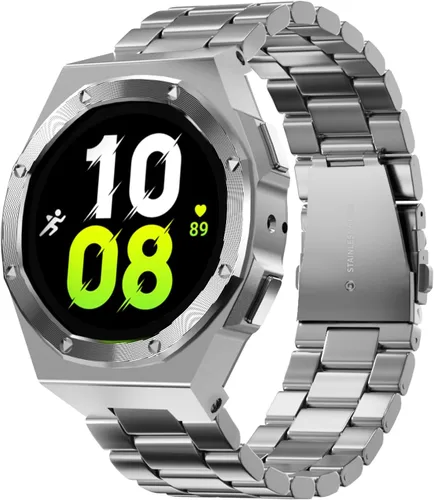 Vista 11 de Funda de lujo con correa diseñada para Samsung Galaxy Watch 6/5/4 de 1.732 pulgadas, resistente funda protectora militar de metal con correa táctica