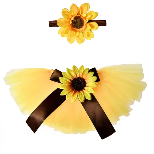Vista 8 de Accesorios de fotografía para recién nacidos, falda tutú de girasol y peleles de encaje rosa con diadema de flores, conjuntos de fotos para bebés