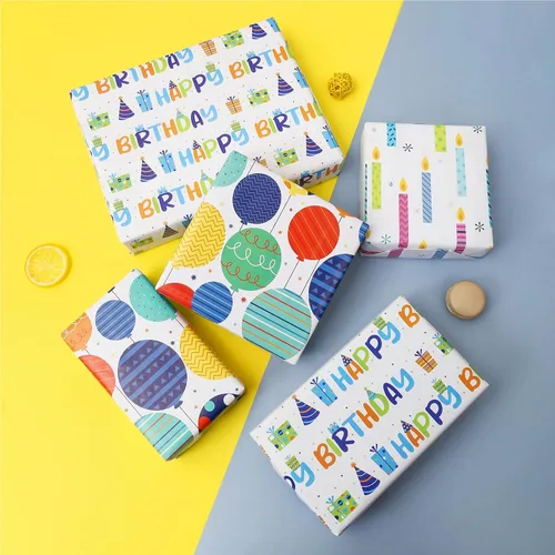 Vista 6 de BULKYTREE Papel de regalo de cumpleaños para niños, niñas, niños, hombres y mujeres, fiestas de vacaciones, 3 hojas grandes, globos