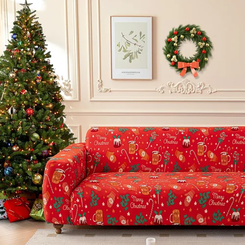 Vista 13 de Anibedding - Funda estampada de Navidad roja para sofá de 2 cojines, funda elástica con renos y copos de nieve para sofá, funda de sofá lavable a