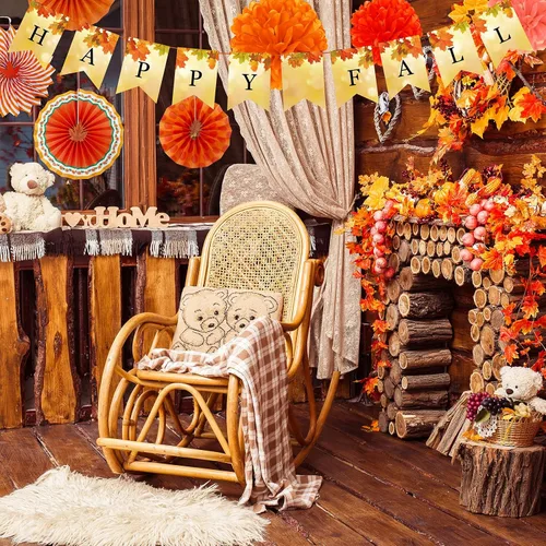 Vista 8 de Winlyn Paquete de 21 decoraciones de fiesta de otoño a granel, color naranja tía, abanicos de papel colgantes, pancarta de feliz otoño, pompones