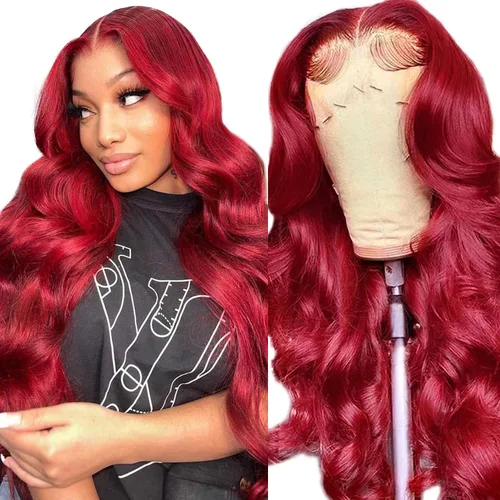 Vista 10 de 99J - Pelucas de encaje frontal de color burdeos con cabello humano 200 de densidad, peluca de encaje HD sin pegamento 13X4, pelucas de encaje 99J