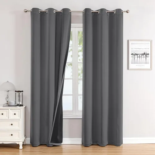 Vista 41 de ChrisDowa Cortinas 100% opacas de 63 pulgadas de largo para dormitorio con forro negro, 2 capas gruesas totalmente opacas con aislamiento térmico