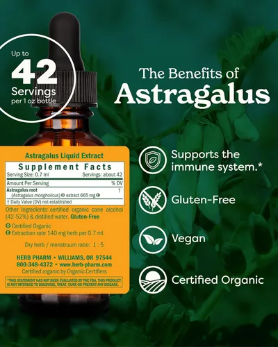 Vista 2 de Herb Pharm Extracto Líquido Orgánico Certificado de Astrágalo para Apoyo al Sistema Inmunológico - 1 Oz