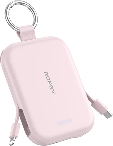 Vista 10 de RORRY Cargador portátil, batería externa de 5000mAh con cables incorporados, paquete de batería de llavero de viaje para iPhone 17/16/15/14/13/12