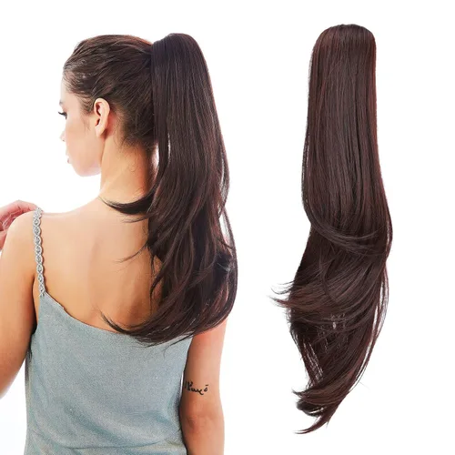 Vista 15 de Extensión de Cola de Caballo, Extensión de Cabello con Garra Larga de 20", Piezas de Cabello Sintético Ondulado Liso con Clip en Peluca de Cola