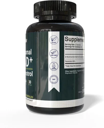 Vista 3 de NutriFlair Suplemento liposomal NAD+ con resveratrol 1000 mg por porción, 60 cápsulas – Alta absorción, sin OMG, fabricado en Estados Unidos